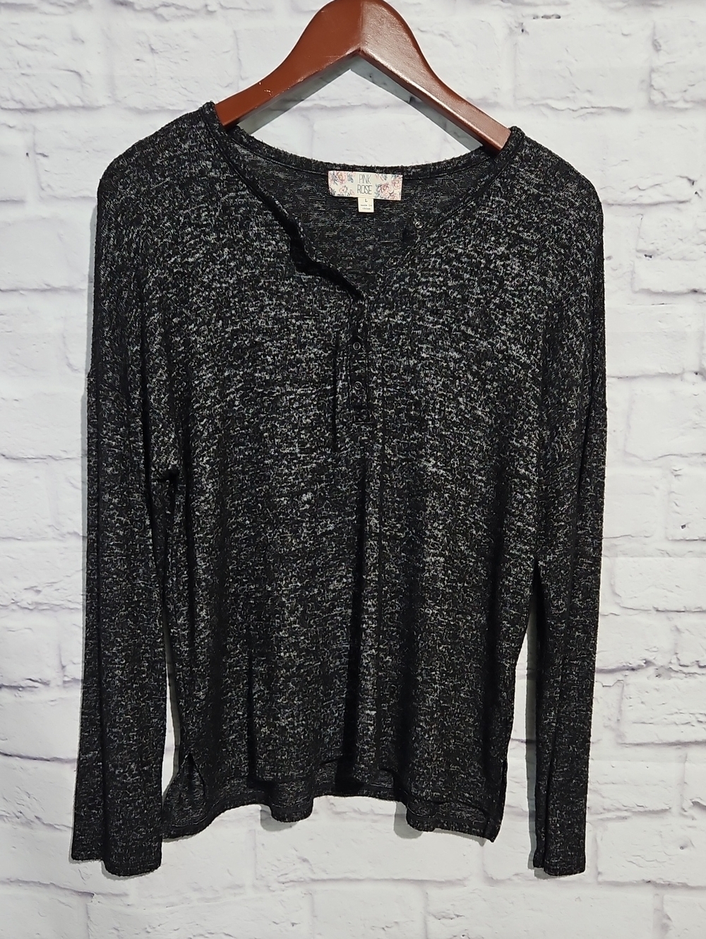 Pink Rose Black Marled Long Sleeve Henley Top